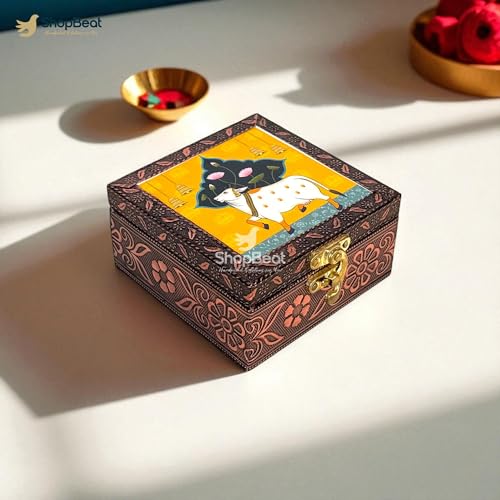 Image of Handcrafted Wooden Jewellery Box Copper Metal Finish (4 x 4 inch) Pack of 3 | Oxidized Pichwai Cow Design | Decorative Organizer | Storage Box for Women Puja Festive Gifting | Marigold Gold