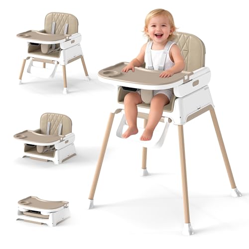 Image of 4 in 1 Baby High Chair for Babies and Toddlers, Foldable & Portable Convertible Booster Seat, Adjustable Tray & Footrest, Lightweight, Stable, Easy to Clean, Khaki
