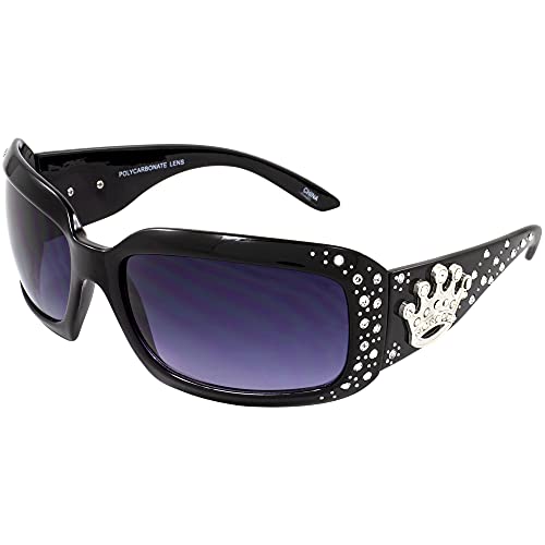 Rodeo Queen Gloss Black Western Motorcycle Sunglasses for Women with Bling Rhinestones Smoke Gradient Lenses