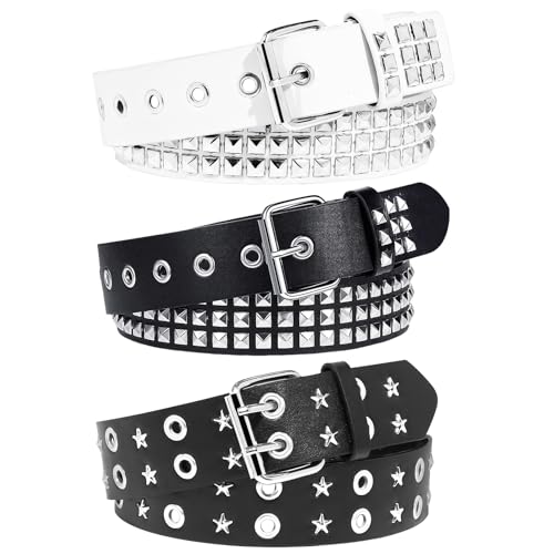3 Pcs Black White Studded Belt Y2K Star Belt Gothic Punk Rock Belts with Grommet Threads Bright Metal Pyramid Cool Belts for Women Men
