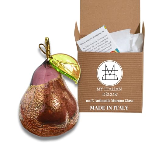 murano glass Hand Blown Pear Figurine, 3 inch, 1 PCS, Violet, Home Decor, Fruit Ornaments for Christmas Tree, Fruit Decor, Decorative Fruit, Faux Pear Fruit Christmas Ornament, Made in Italy