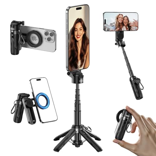 Multifunctional Mini Phone Tripod for Magsafe, Magnetic Chuck＆ Clip Pocket Size Magnetic Selfie Stick for iPhone with Remote, Extendable Cell Phone Small Tripod Magnet Stand for All Smartphones