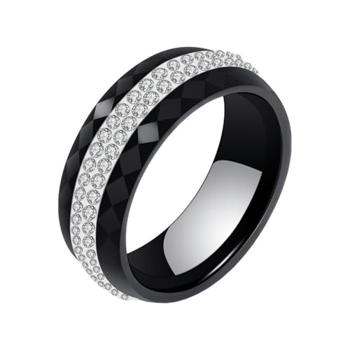 Image of PAMTIER Unisex Ceramic 8mm Personality Simple Multi-Faceted Rhombic Cut 2 Lines Rows Crystal Zircon Inlay Ring Eternity Wedding Band