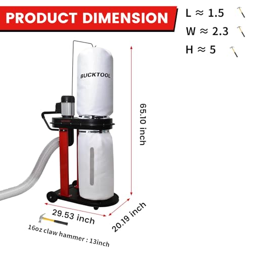 BUCKTOOL 1.2 HP Auto Start 750CFM Dust Collector with 3 Dust Collection Bag,13 Gallon and 5 PCS Reducer for Woodworking - Image 6