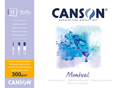CANSON Montval, Bloco Colado por 1 Lado de Papel para Aquarela, Grão Fino, Tamanho 18x25cm com 12 Folhas, Gramatura 300 g/m²