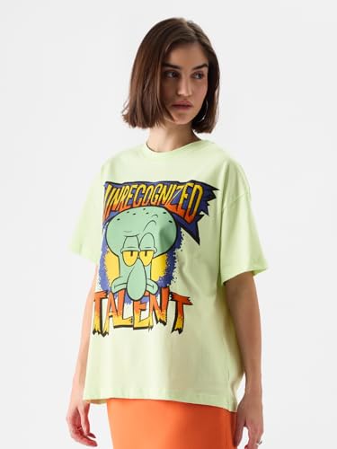 Image of The Souled Store Official Spongebob: Unrecognised Talent Women and Girls Oversize Fit Half Sleeves Graphic Printed Cotton Green Color T-Shirt