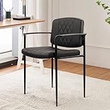 CLATINA Stackable Leather Guest Chair with Armrests, Comfortable Reception Waiting Room Chair No Wheels, Stationary Office Desk Chair for Conference Lobby School Side, Black Argyle, 1 Pack