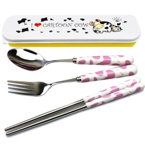 OLizeeĀ® Cute Creative Cow Pattern Design Flatware Set of 3 Ceramics Handle Stainless Steel Spoon Fork Chopsticks for Traveling Portable Lovely Animals Korean Tableware Set (Pink)