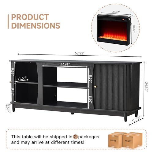 Image of Fireplace TV Stand, Fluted TV Stand with Storage and Sliding Door, Farmhouse Entertainment Center Media Console Table for Living Room (Black)