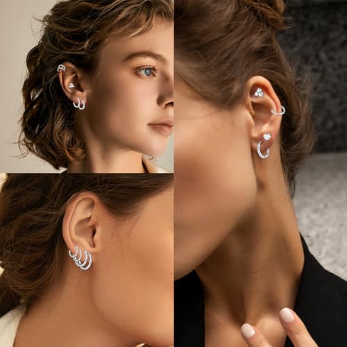 Image of SANNIDHI 5 Pairs Earrings Set for Women Girls Stylish Hypoallergenic Surgical Flat Back Stud Earring Stainless Steel Cartilage Earrings Combo for Multiple Piercing