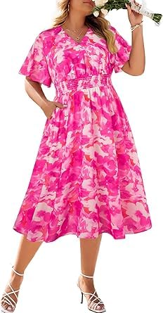 Hanna Nikole Damen Große Größen V-Ausschnitt Freizeitkleid A Linien Kleide Rüschen Ärmel Kleider Elastische Taille Knielang Dress Mit Taschen...