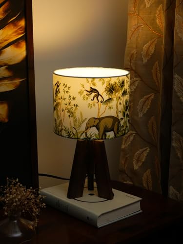 Image of Green Girgit Decorative Tri-Leg Stand Wooden Table Lamp with Jungle Multicolor Lamp Shade Bedside & Reading Night Lamp for Bedroom, Living Room & Home Decor | Warm Ambient Light