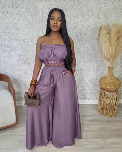 Image of Two Piece Sets for Women Summer Outfits Crop Tops and Wide Leg Pants Sets Sexy Jumpsuits Vacation Outfits with Pockets