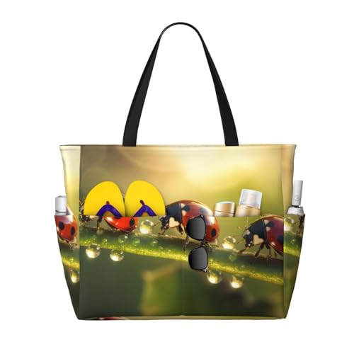 Ladybugs Beach Bag Water Drop Sun Pool Bag for Women Waterproof Large Travel Tote with Zipper Organizer for Swimming Vacation Essentials