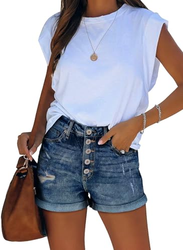 Image of onlypuff Women Denim Shorts Ripped Mid Waisted Jean Shorts with Pockets