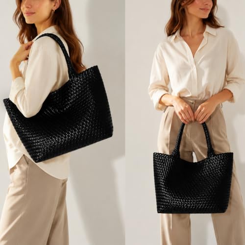 Image of Woven Tote Bag for Women, Large Vegan Leather Tote with Inner Pouch | Soft Woven Texture,Relaxed Style,Shoulder Tote Bag,Unstructured Tote,Casual Woven Handbag,Open Interior,Removable Pouch