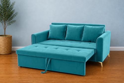 Image of Adorn India Premium Mystic - 3 Years Warranty - 3 Seater Sofa Cum Bed Velvet Suede Fabric - Aqua Blue