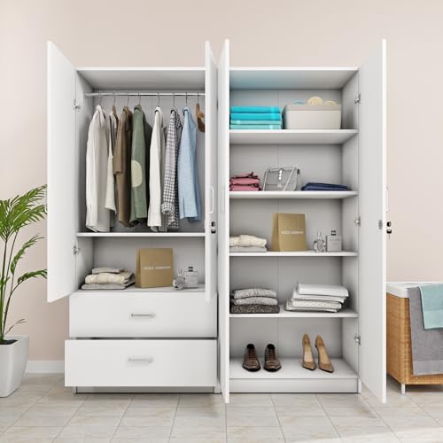 Image of VIKI Wardrobe |Wooden Almirah for 4 Door 2 Drawer with Shelves & Hanging Space Wardrobe (Frosty White - 40D x 160W x 180.8H) | 1 Year Warranty | Free Assembly
