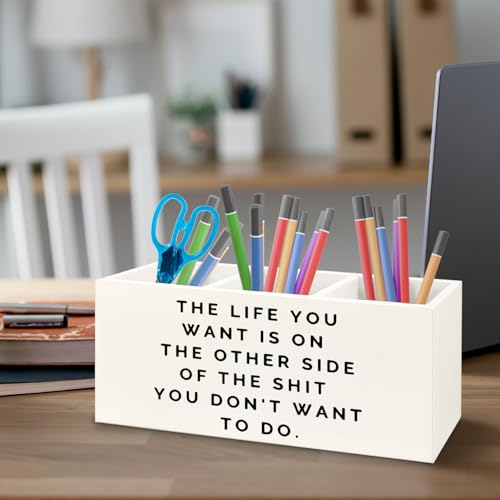 Image of Inspirational Gifts Wooden Pen Pencil Holder for Office Desk Accessories, Motivational Gifts for Women, Inspirational Quote Makeup Brush Toothbrush Holder Organizer