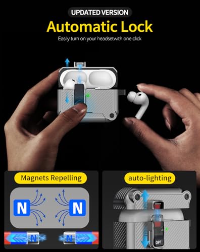 Image of Pohgelan for AirPods Pro 3 Case with Safety Lock-Silver | Carbon Fiber Texture Cover,Magnetic Automatic Lock with Cleaning Kit&Keychain,Compatible with Magsafe