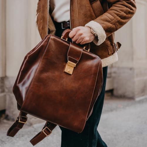 Image of Time Resistance Leather Backpack for Men and Women - Business Rucksack Laptop Bag (Cognac Brown)