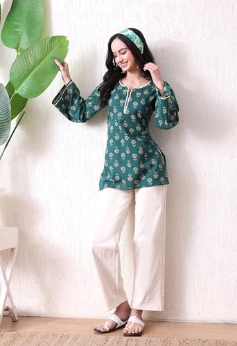 Image of MEERA FAB Women's Floral Printed Cotton Short Kurta | Floral Printed Kurta with Bell Sleeves | Short Kurti for Women
