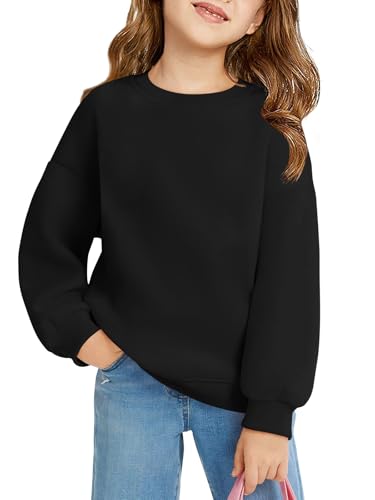 Haloumoning Sudadera para niñas, cuello redondo, holgada, para niños, ligera, deportiva, de manga larga, color sólido, básica 5-14 años, Negro , 11-12 Years