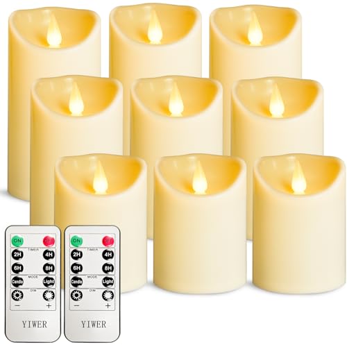 YIWER Plastic Flameless LED Candles,9PCS Battery Operated Candle with Remote Fake Electronic Flickering Light Large Pillar D3”H4”(10.2) 5”6”Durable Use Plastic 9PCS