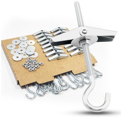 Hook Toggle Heavy Duty 1/5 Inch Toggle Bolts Set - 16 Packs Swag Hooks for Hanging Plants, Ceiling Anchor Hooks & Drywall Ceiling Hook Bolts Kit with Screws, Wing Nuts & Washers