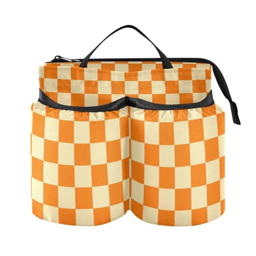 Image of Luggage Cup Caddy Bag Carrier with Handle - Free Hands Travel Drink Holder in Checkered Orange