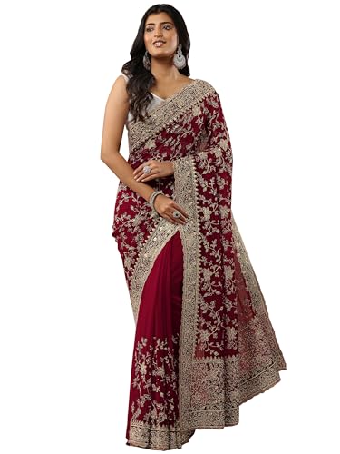 Image of Libas Embellished Georgette Saree for Women With Unstitched Blouse Piece | Traditional Saree for Festive & Wedding
