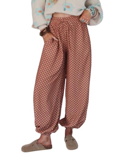 Boho Wide Leg Pants for Women High Waisted Drawstring Joggers with Pockets Loose Lounge Pants
