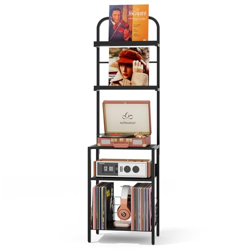 Homsorout Record Player Stand with Vinyl Storage - 5-Tier Turntable Table with Adjustable Feet, Metal & Wood Cabinet - Console Organizer Display Shelf for Living Room, Apartment