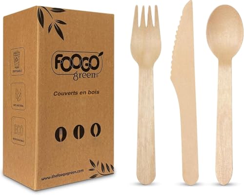 FOOGO Green Ensemble de couverts en bois jetables | 50x Fourchettes, 50x Cuillères, 50x Couteaux | Biodégradable Compostable| Ensemble de couverts...