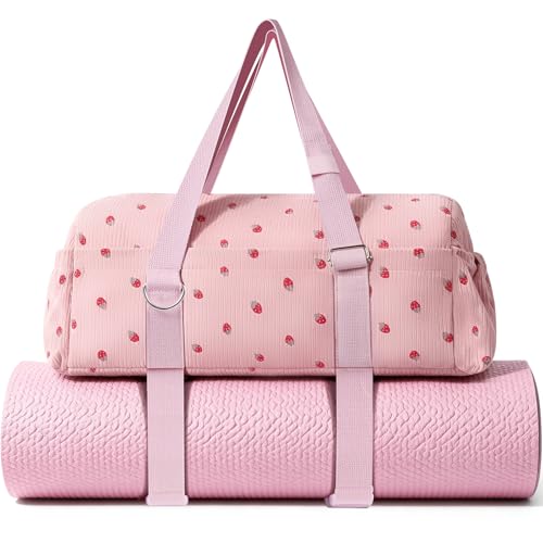 Hihealer Strawberry Gym Bag for Women & Girls, Corduroy Yoga Mat Bag with Holder, Large Capacity Dance Duffel Bag for Pilates, Travel Weekender Bag with Wet Pocket by Hihealer - Used condition - US$19.16