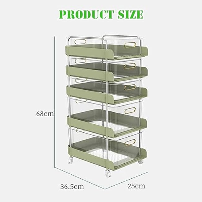 5-Tier Rolling Storage Cart with Detachable Drawers, Kitchen Storage Organizer Mobile Shelving Unit for BathroomGreen,14.4 D x 9.8 W x 26.8 H-VorImBSH