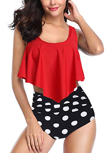 Women’s Swimsuit with Ruffles, Two-Piece, High Waist, Retro Bikini Set for Swimming and the Beach (13 Red Point, S)