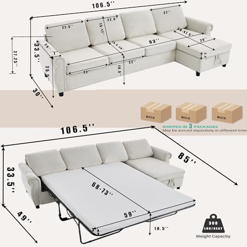 Image of ERYE L-Shaped Reversible Sectional Sofa with Pull Out Queen Memory Mattress Sleeper Bed, 2-in-1 L-Shaped Corner Sectional Couches W /Wireless Charging, Storage Chaise Lounge