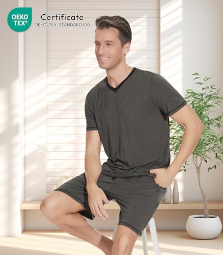 Image of NACHILA Pajamas for Men Pj Short Sleeve Sleepwear with Shorts V Neck Loungewear Cool Pajama,Viscose Made from Bamboo