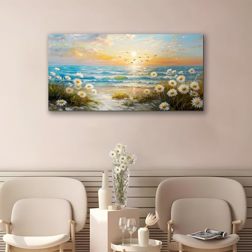 SERIMINO Large Canvas Wall Art Prints, Ocean Sunset Landscape Canvas Prints Paintings, Coastal Daisy Paintings Decor, Seaside Wildflowers Wall Decor for Bedroom Living Room Dining Room 24"X48"
