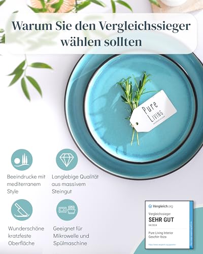 Steingut Geschirrset 6 Personen Ibiza 24 tlg. TESTSIEGER, Traumhaftes Mediterranes Steingut Geschirr Set, Schüssel- und Teller Set, Tafelservice 6 Personen, Geschirrsets Pure Living in Aquamarin