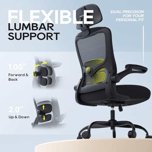 Office Chair, Ergonomic Mesh Desk Chair with Adjustable Lumbar Support and Headrest, Flip-up Armrests, High Back Computer Task Chair for Home and Executive Office (B-All Black) - Image 6