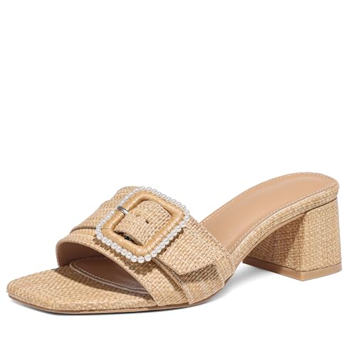 Erocalli Heeled Sandals Sandal Heels Open Toe Chunky Heels for Women Square Toe Summer Low Short Dressy Raffia Sandal 2026 Slip On Mules