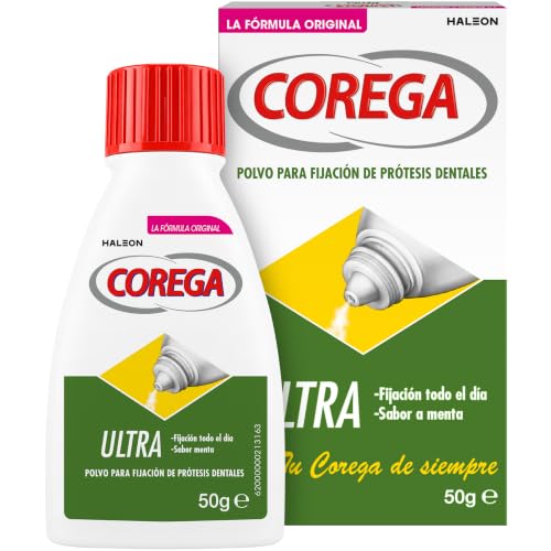 Corega Ultra, Polvo Para Fijación de Prótesis Dentales, Sabor Menta, Fijación Todo el Dia, 50 g