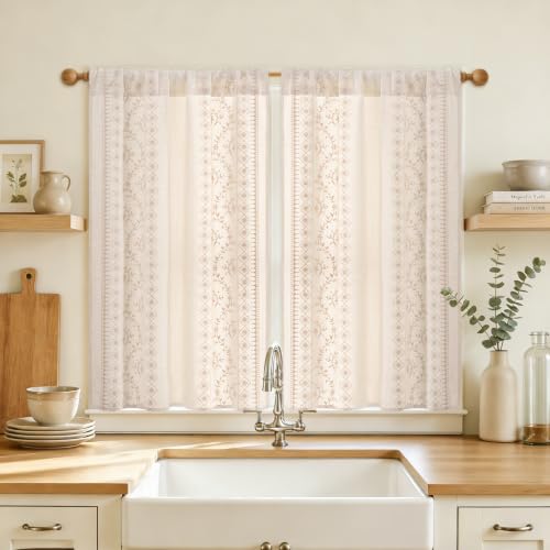 Image of Yinhua Boho Kitchen Curtains 36 Inch Length Beige Embroidered Floral Cafe Curtains, Farmhouse Light Filtering Kitchen Window Curtain Rod Pocket Short Tier Curtains for Windows, 26 inch W x 36 inch L, 2 Panels