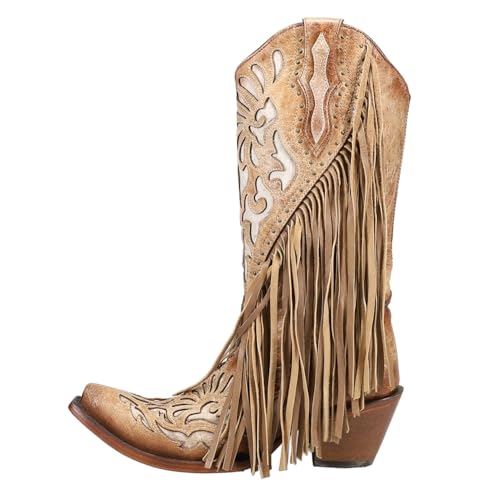 CORRAL LADIE'S SADDLE LAMB INLAY & EMBROIDERY & STUDS & FRINGES, SNIP TOE, LEATHER SOLE, WESTERN, C37663
