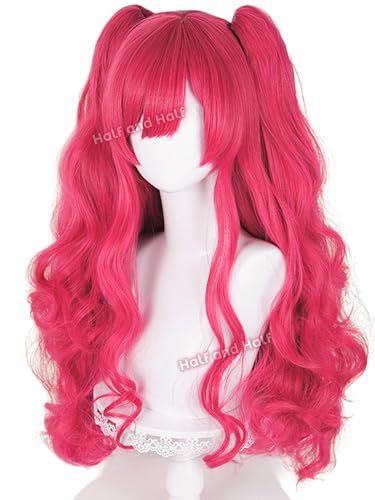 Image of Long Curly Red Pink Anime Ponytail Wig with Bangs Deep Pink Twin Tail Wigs | 31.5'' Pink Cute Pony Lolita Costume Wigs Synthetic Hair for Women Halloween Party Daily