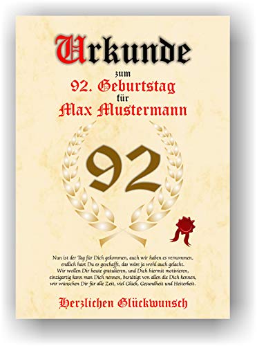 Urkunde zum 92. Geburtstag Glückwunsch Geschenkurkunde 92 Jahre personalisiertes Geschenk Oma Opa mit Name Gedicht und Spruch Karte Präsent Geschenkidee Mann Frau DIN A4