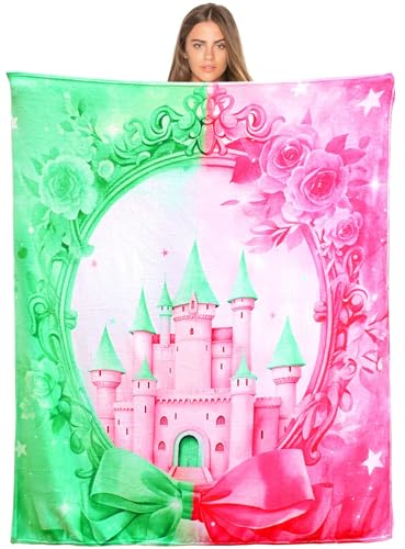 BOTSROOM 50 * 60 Witch Throw Blanket Pink and Green Vintage Flannel Blankets Witch Movie Merch Blanket Gifts for Girls (Witch Princess Castle)