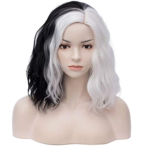 COSPLAZA Perruque synthétique courte bouclée synthétique noire et blanche